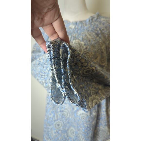 Blue Floral Smocked Neck Peasant Blouse  Boho Cottagecore Long Sleeve Top - Picture 3 of 8
